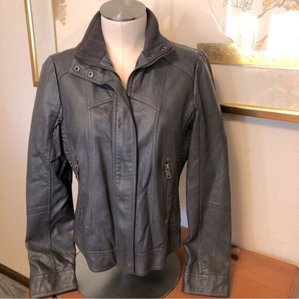 a.n.a. Medium Dark Gray‎ Faux Leather Cropped Jacket with Unique Detailing